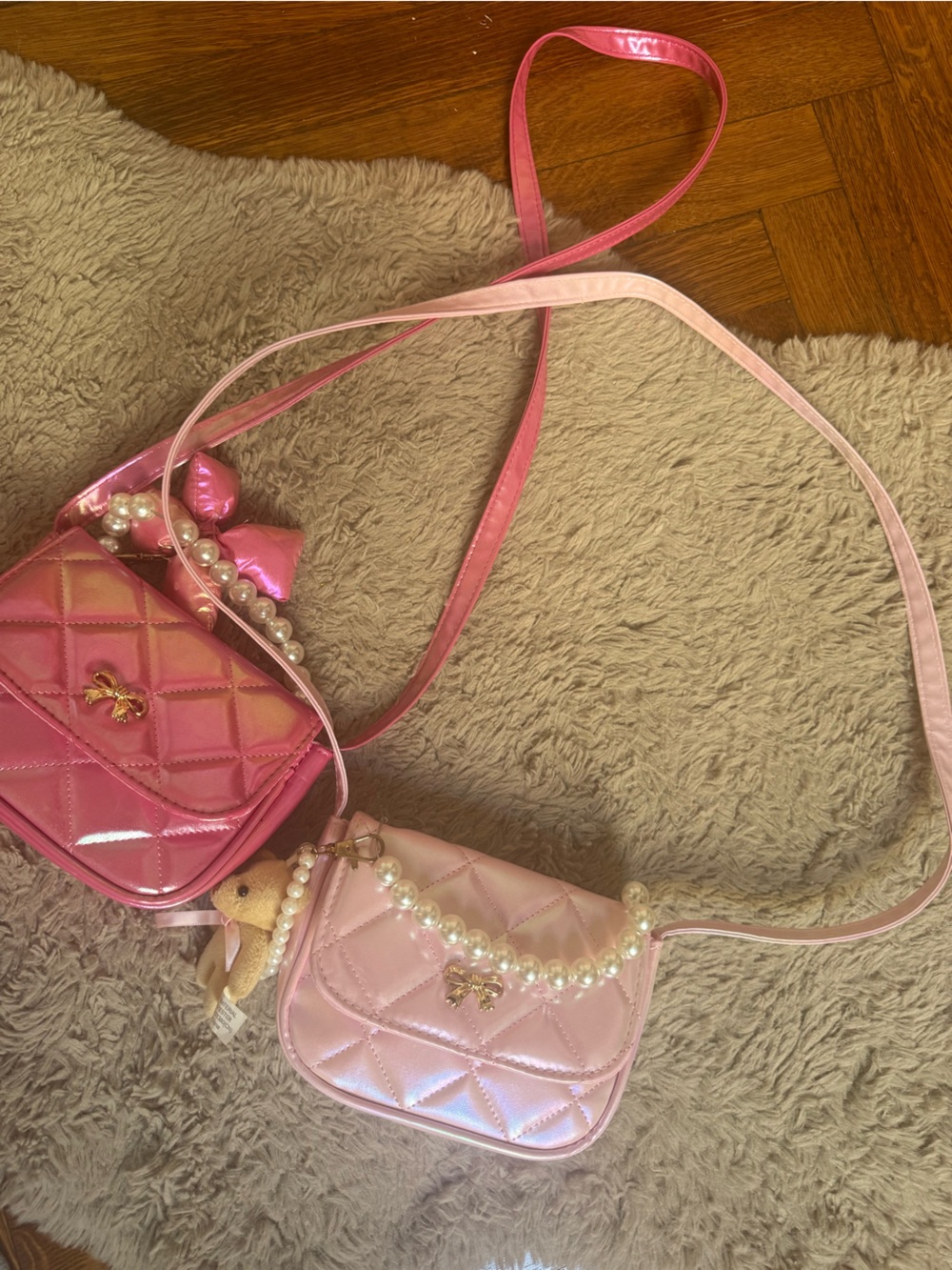 Girls' Pink Quilted Crossbody Bag with Pearl Handle